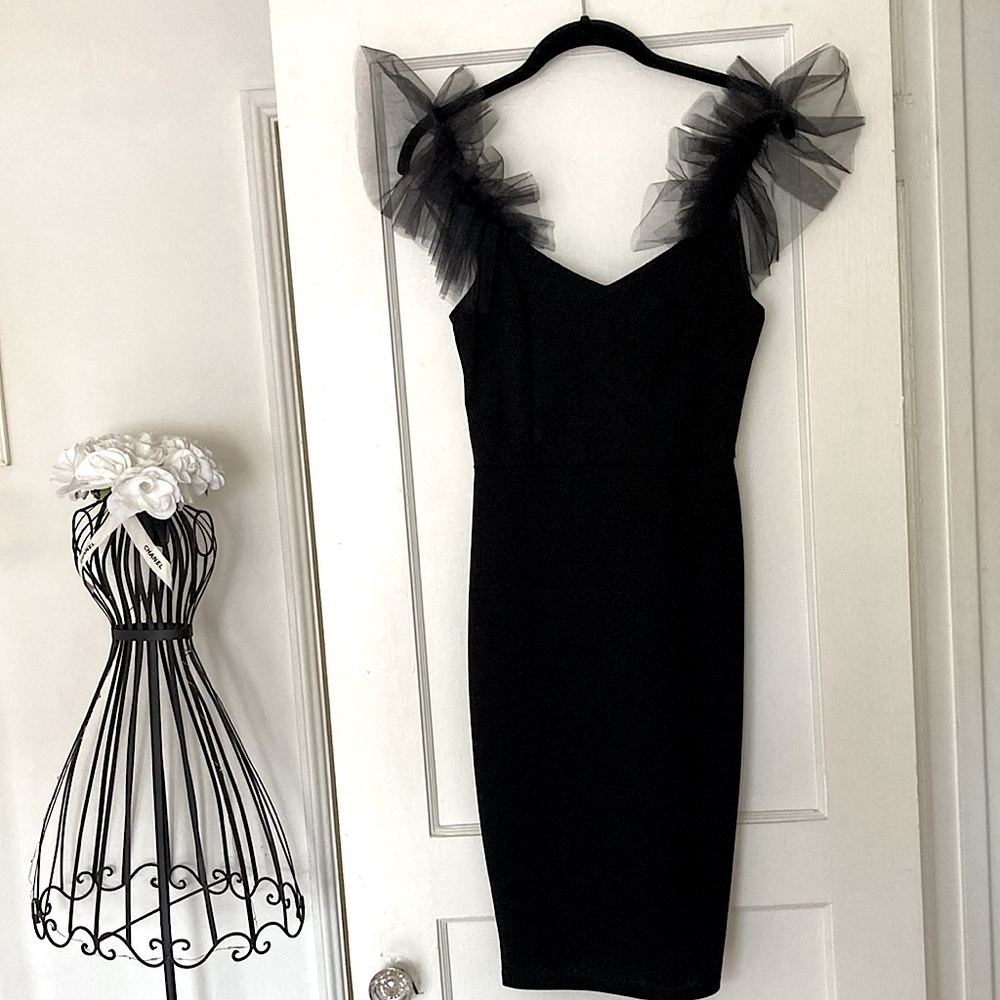 JUST DROPPED #28 Ruffled Mesh Shoulder Black Bodycon Dress XS S - Picture 5 of 8